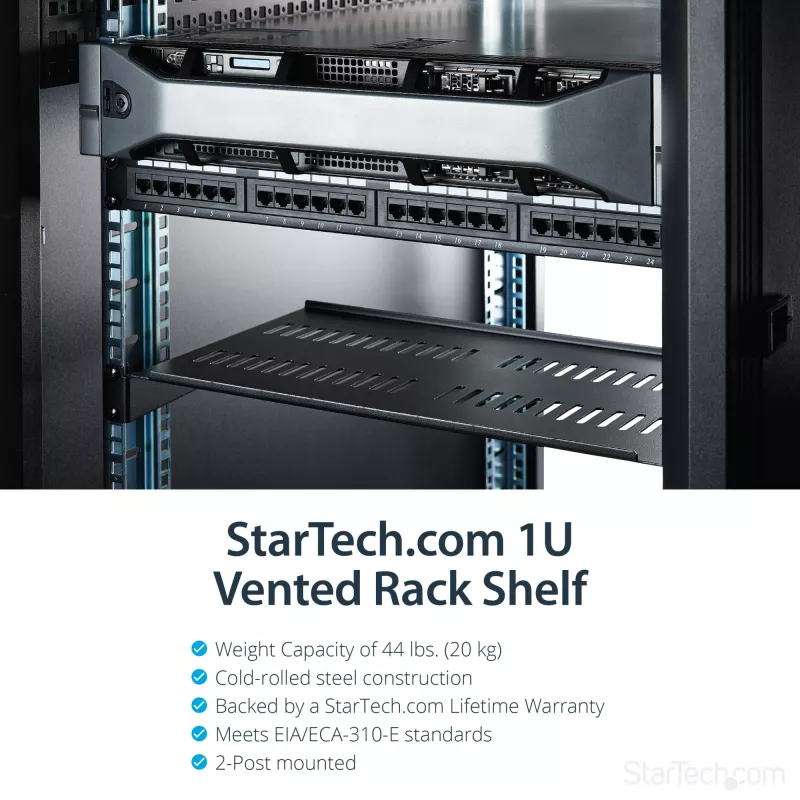 StarTech.com ripiano per rack server 1U – ripiano universale ventilato con braccio a sbalzo per armadio e case di rete da 19 pollici – robusto in acciaio – portata 20 kg – ripiano profondo 10 pollici, nero