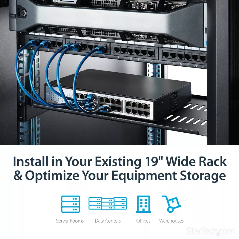 StarTech.com ripiano per rack server 1U – ripiano universale ventilato con braccio a sbalzo per armadio e case di rete da 19 pollici – robusto in acciaio – portata 20 kg – ripiano profondo 10 pollici, nero