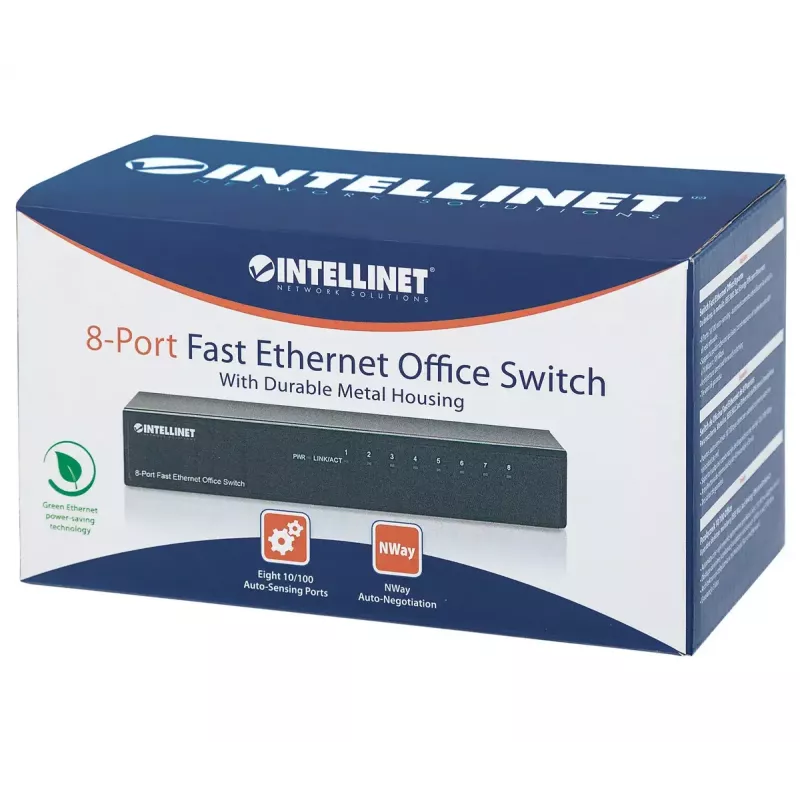 Intellinet switch office Fast Ethernet a 8 porte, formato desktop, metallo, IEEE 802.3az (Ethernet ad alta efficienza energetica), box