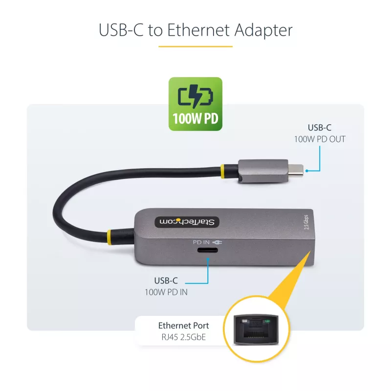 StarTech.com adattatore USB-C a Ethernet 2.5GbE, 100W PD Passthrough, NIC NBASE-T, rete multi-speed USB 3.0 Type-C 2.5/1G, compatibile Thunderbolt, Windows & Mac