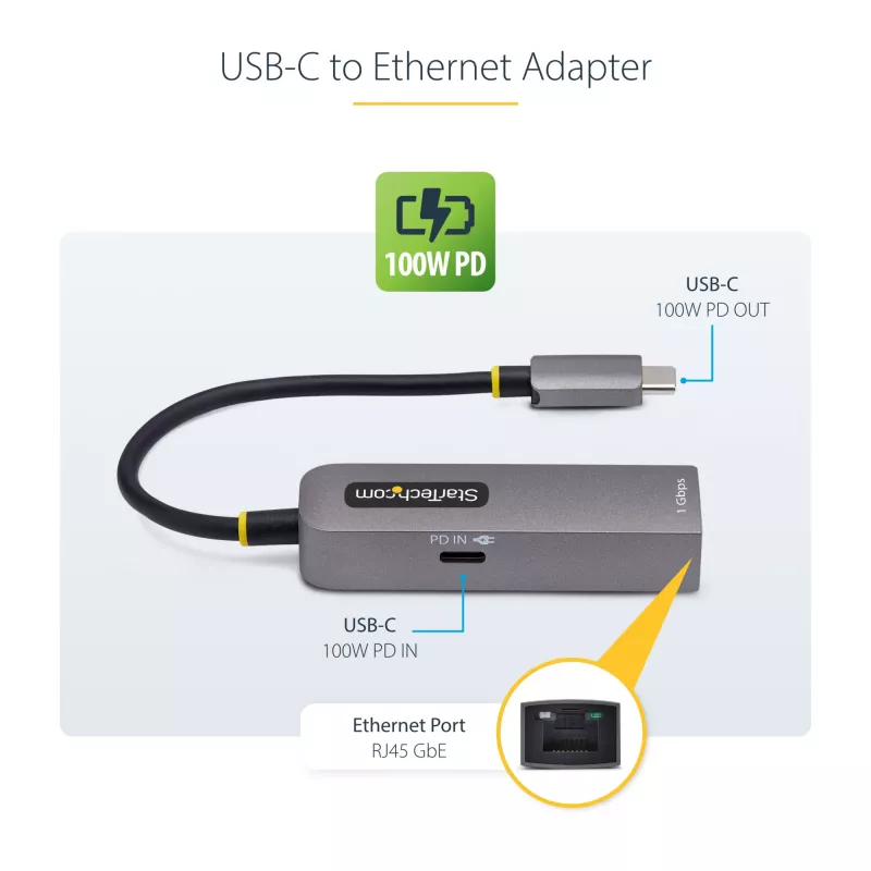 StarTech.com adattatore USB-C a Ethernet, NIC, 100W PD pass-through, adattatore di rete multi-speed USB 3.0 Type-C 1 Gbit/s, compatibile Thunderbolt, Windows & Mac