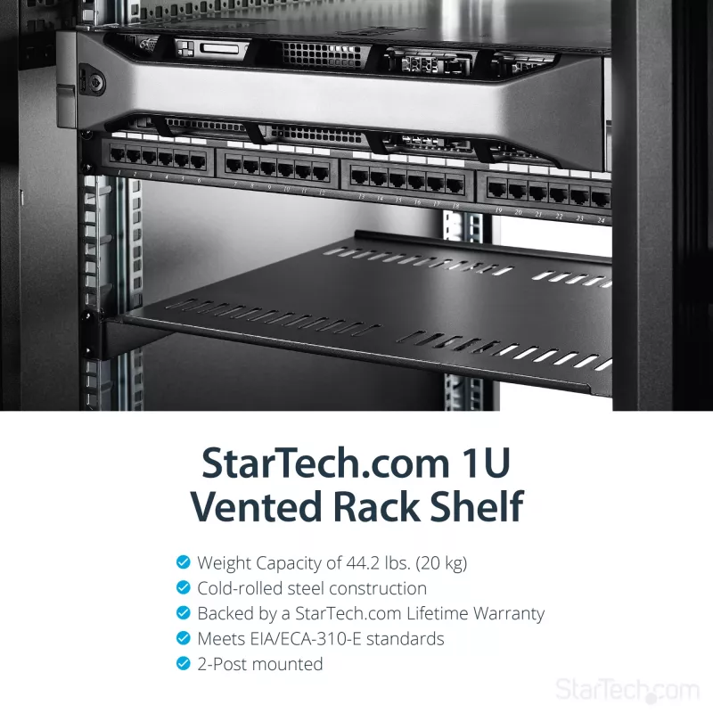 StarTech.com ripiano rack server 1U – vassoio a sbalzo universale ventilato per rack e armadio apparecchiature di rete 19 pollici – acciaio ad alta portata – capacità 44lb/20kg – ripiano profondo 16 pollici, nero