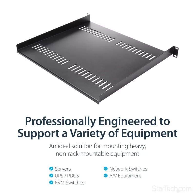 StarTech.com ripiano rack server 1U – vassoio a sbalzo universale ventilato per rack e armadio apparecchiature di rete 19 pollici – acciaio ad alta portata – capacità 44lb/20kg – ripiano profondo 16 pollici, nero
