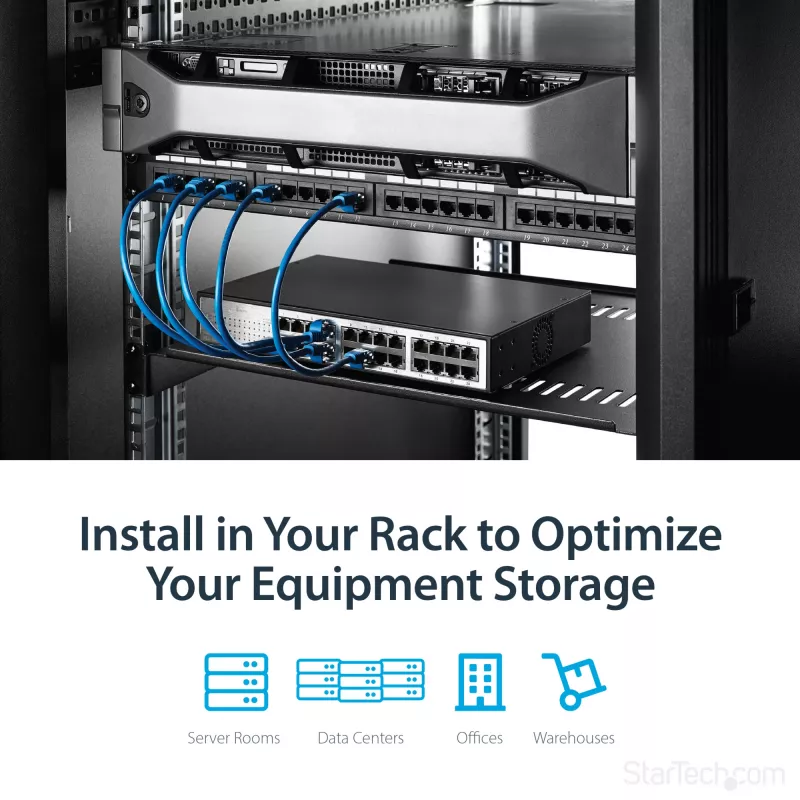 StarTech.com ripiano rack server 1U – vassoio a sbalzo universale ventilato per rack e armadio apparecchiature di rete 19 pollici – acciaio ad alta portata – capacità 44lb/20kg – ripiano profondo 16 pollici, nero