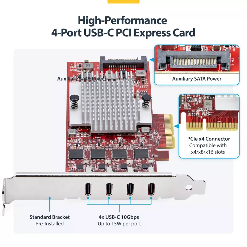 StarTech.com scheda PCIe USB Type-C 4 porte, USB 3.2 10Gbps, scheda di espansione USB-C PCI Express, 4 controller USB indipendenti, Windows/Linux/macOS, conforme TAA