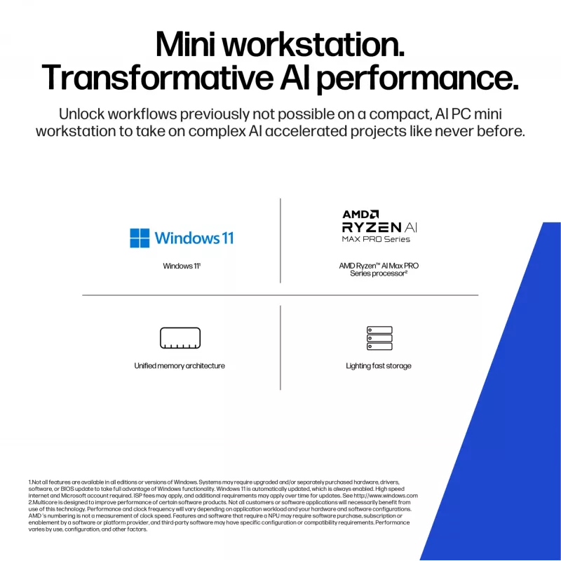 HP Z2 G1a Copilot+ PC AMD Ryzen AI Max PRO 390 32 GB LPDDR5x-SDRAM 1 TB SSD Windows 11 Pro Mini PC workstation AI workstation, AI PC nero