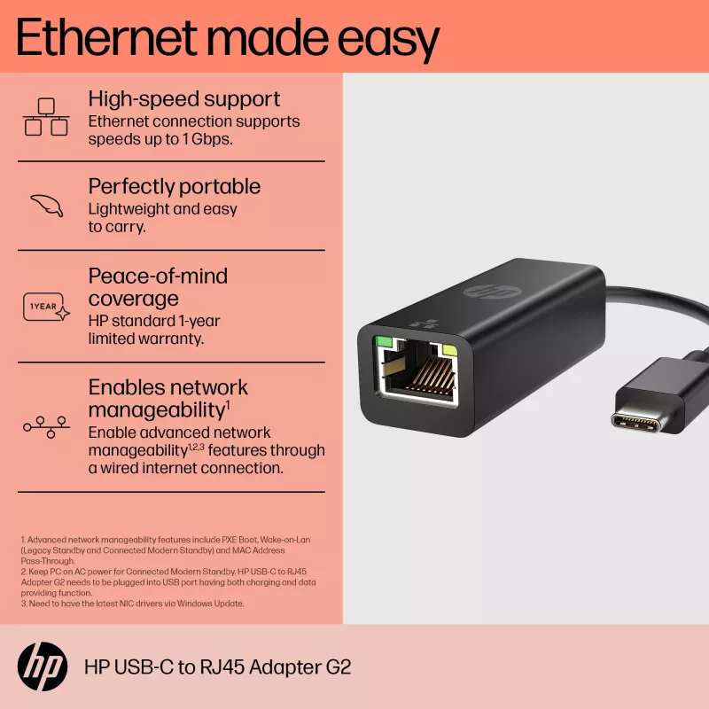 HP adattatore USB-C a RJ45 G2, con filo, USB Type-C, nero, Cina, casa, Windows 10, Windows 11