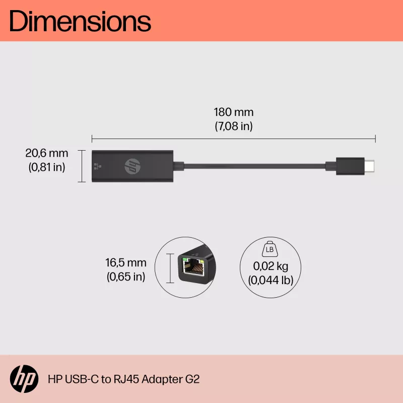 HP adattatore USB-C a RJ45 G2, con filo, USB Type-C, nero, Cina, casa, Windows 10, Windows 11