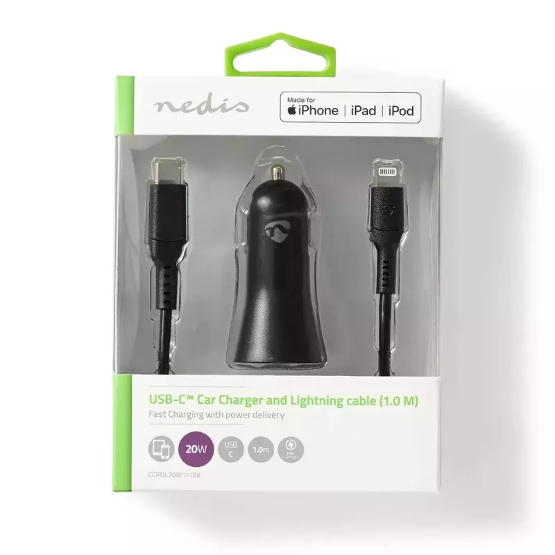 Nedis CCPDL20W111BK caricabatterie da auto 20W, 1x USB-C, cavo Lightning 8 pin, nero