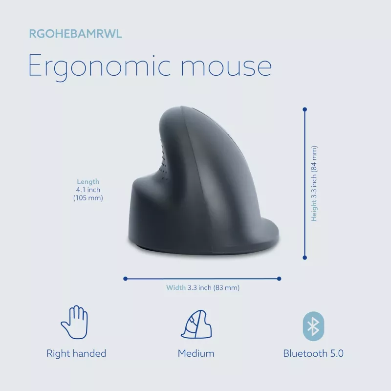 R-Go Tools mouse verticale R-Go HE Basic, mouse ergonomico, medio (dimensione mano ≥ 185 mm), per destrorsi, Bluetooth, grigio