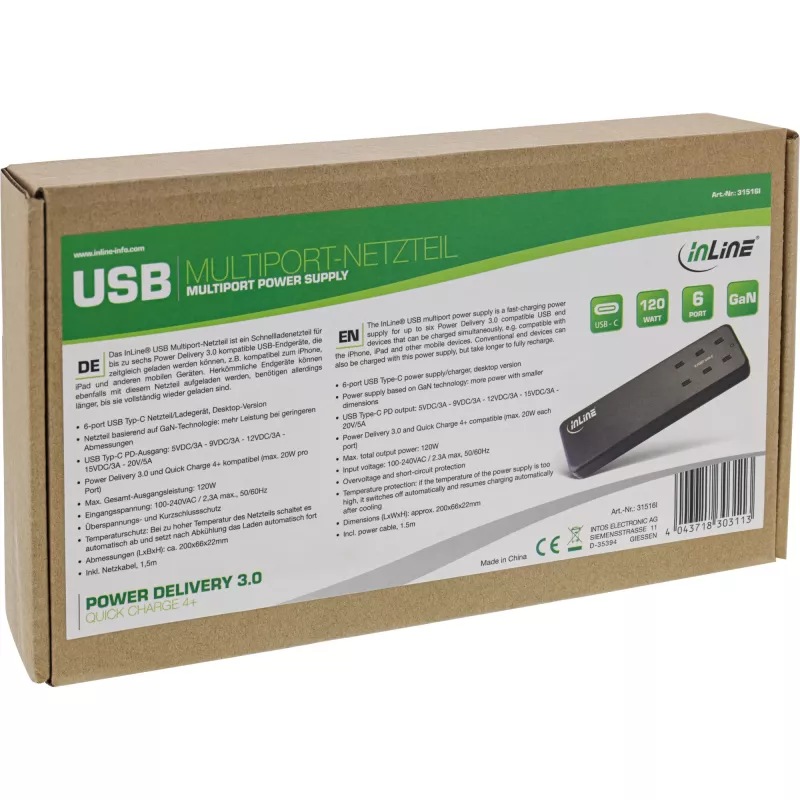 InLine alimentatore multiporta, caricabatterie, 6x USB-C, PD 3.0, GaN, nero