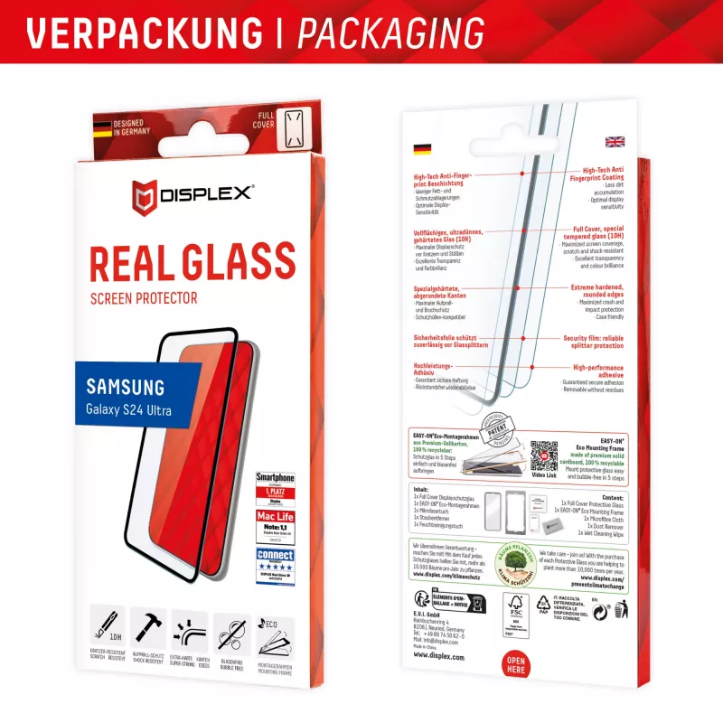 Displex Full Cover Screen Protector (10H) per Samsung Galaxy S24 Ultra, cornice di montaggio Eco, Full Cover