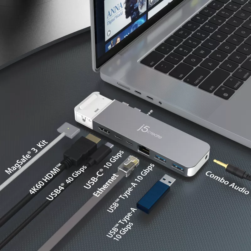 Hub USB j5create JCD395 4K60 Elite Pro con filo USB4 con kit MagSafe