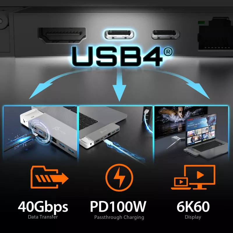 Hub USB j5create JCD395 4K60 Elite Pro con filo USB4 con kit MagSafe
