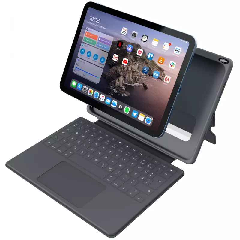 Tastiera ASTAR DEQSTER Smart Rugged Touch Plus per iPad 10,9 pollici — QWERTZ tedesca, switch meccanici, docking Smart Connector, grigio