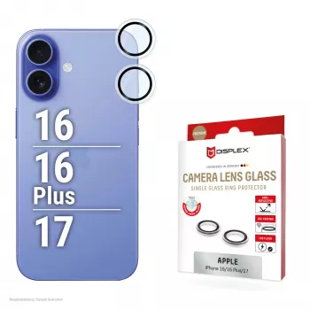 Displex vetro premium per lenti fotocamera, iPhone 16/16 Plus/17 vetro, 10H, Single Rings, DLC, trasparente, Quick Mount