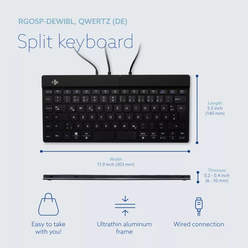 Tastiera ergonomica R-Go Tools R-Go Split Break v2 con software break, tastiera split ergonomica, QWERTZ (DE), filare, nero