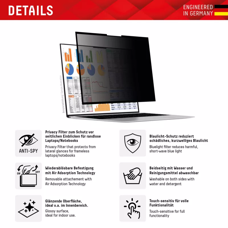Displex PRIVACY SAFE filtro privacy rimovibile a 2 vie per laptop/notebook (senza cornice/frameless) 15,6'' (16:9)
