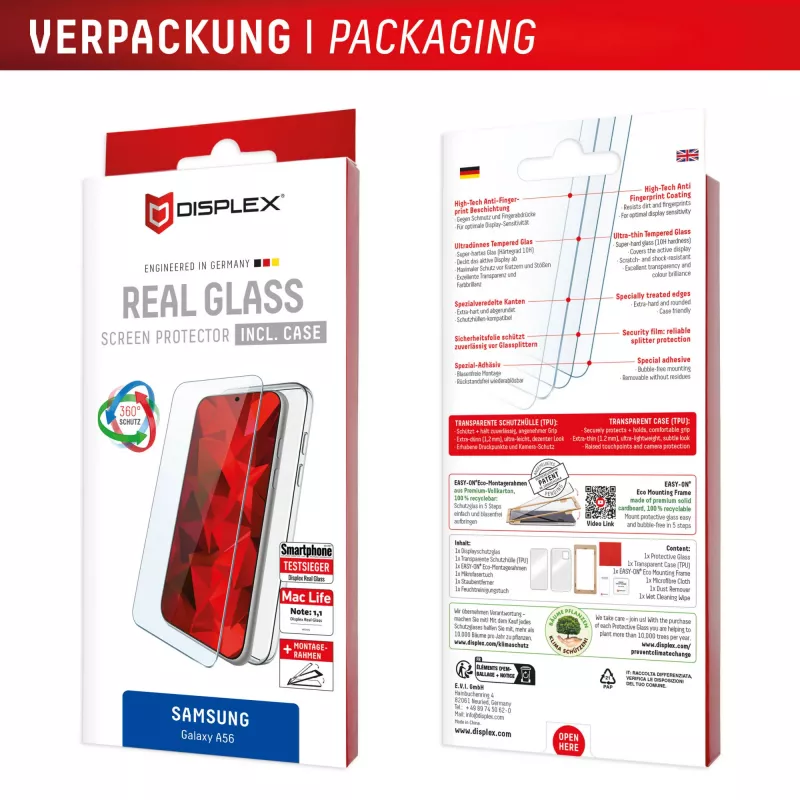 Displex Pellicola protettiva per display + custodia per Samsung Galaxy A56, cornice di montaggio Eco, antigraffio