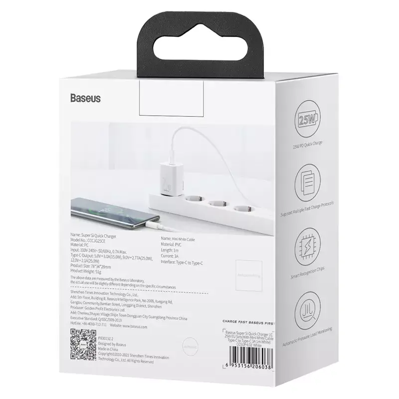 Caricabatterie da interno Baseus Super Si bianco ricarica rapida 12V 1xUSB-C