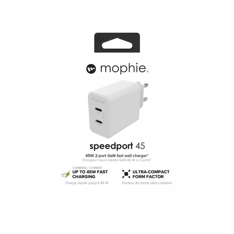 Accessorio mophie, alimentatore – USB-C-PD-DUAL-45W-GAN – bianco – EU (2x USB-C)