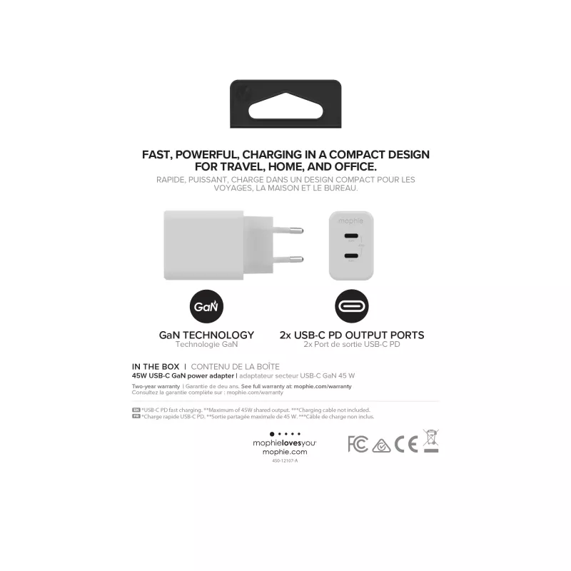 Accessorio mophie, alimentatore – USB-C-PD-DUAL-45W-GAN – bianco – EU (2x USB-C)