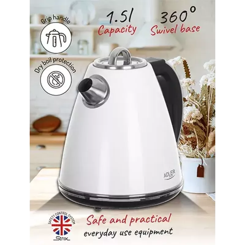 Adler AD 1343 bollitore elettrico, 1,5 l, 1850 W, acciaio inossidabile, Strix, bianco