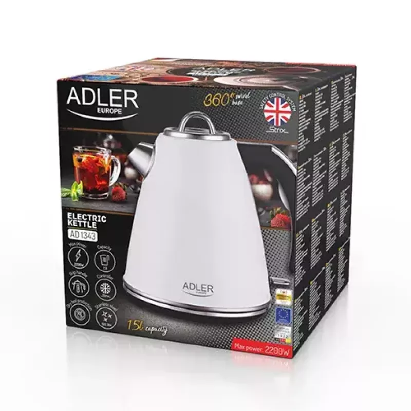 Adler AD 1343 bollitore elettrico, 1,5 l, 1850 W, acciaio inossidabile, Strix, bianco