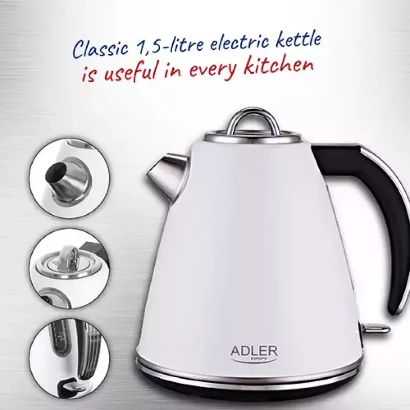 Adler AD 1343 bollitore elettrico, 1,5 l, 1850 W, acciaio inossidabile, Strix, bianco