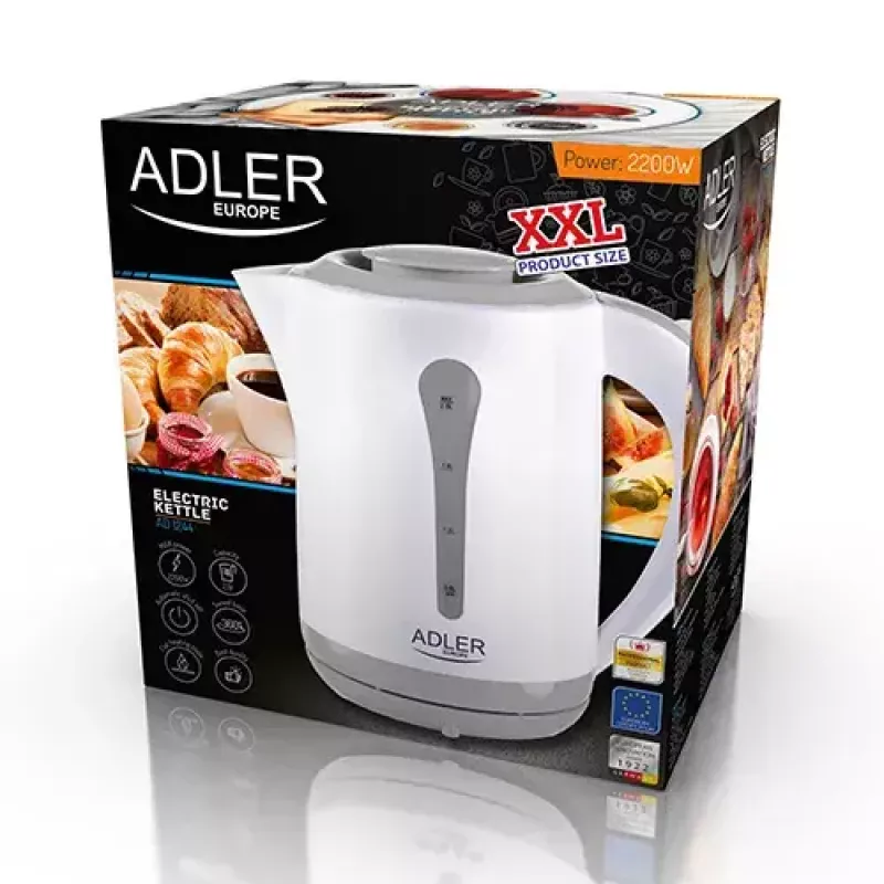 Bollitore elettrico Adler AD 1244 — 2,5 L, 2200 W, bianco, resistenza nascosta