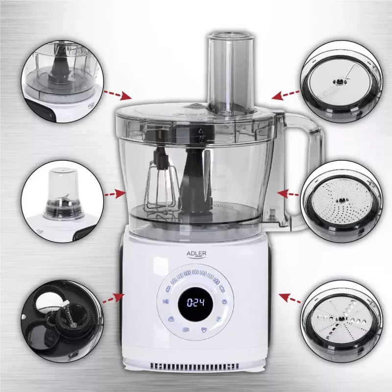 Adler AD 4224 robot da cucina, 1000 W, ciotola da 2 l, 7 velocità, bianco