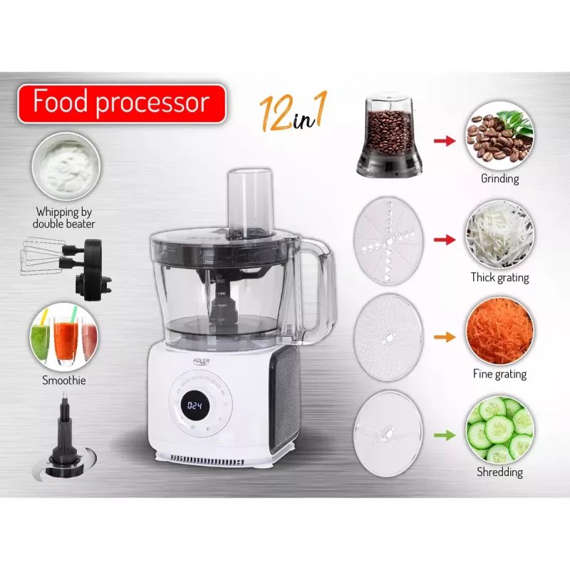 Adler AD 4224 robot da cucina, 1000 W, ciotola da 2 l, 7 velocità, bianco