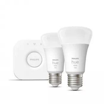 Philips Hue White Starter-Kit: 2 lampadine smart E27 (1100), kit illuminazione smart, Bluetooth/Zigbee, bianco, LED, E27, A60