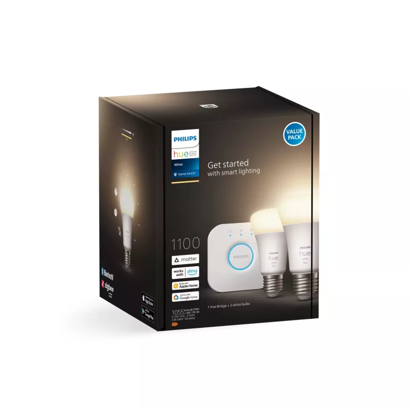 Philips Hue White Starter-Kit: 2 lampadine smart E27 (1100), kit illuminazione smart, Bluetooth/Zigbee, bianco, LED, E27, A60