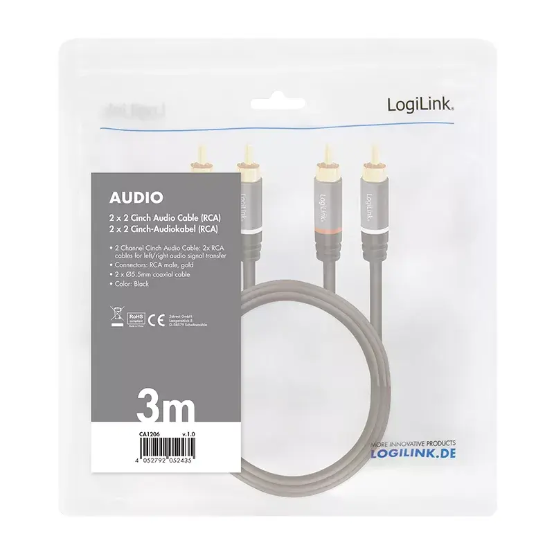 Cavo audio LogiLink CA1206 3 m 2xCinch maschio nero