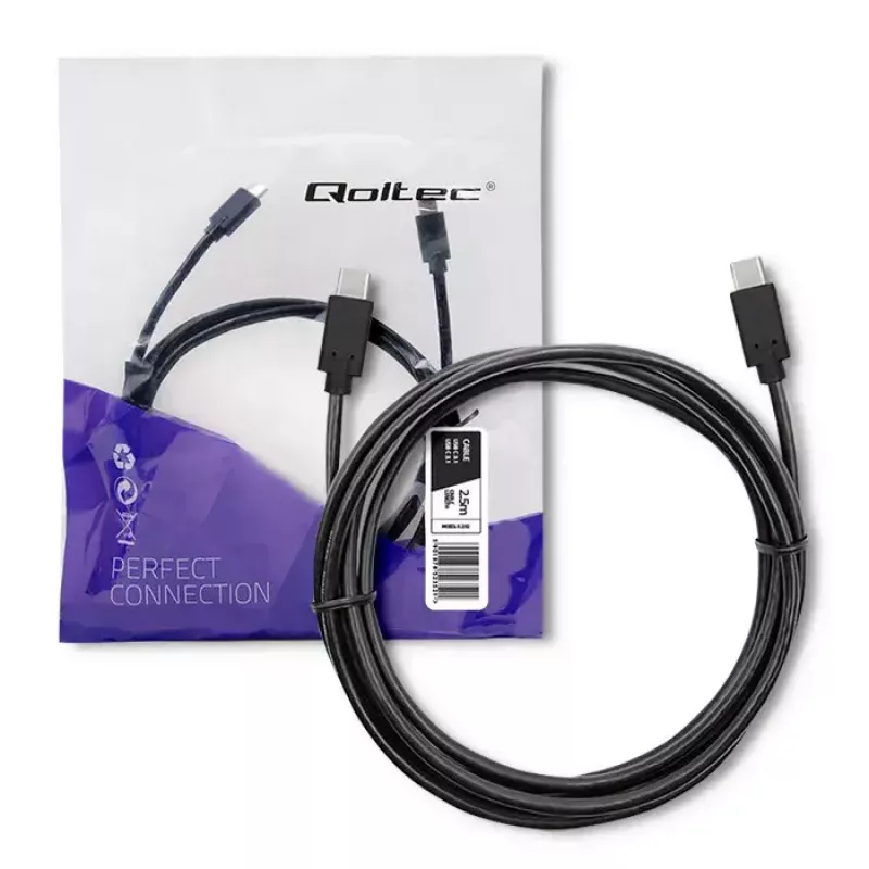 Qoltec 52352 cavo da USB-C a USB-C, USB 3.1, 5 Gbit/s, 2,5 m, nero