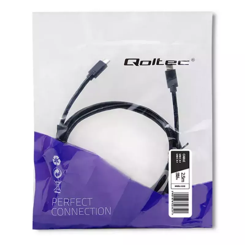 Qoltec 52352 cavo da USB-C a USB-C, USB 3.1, 5 Gbit/s, 2,5 m, nero