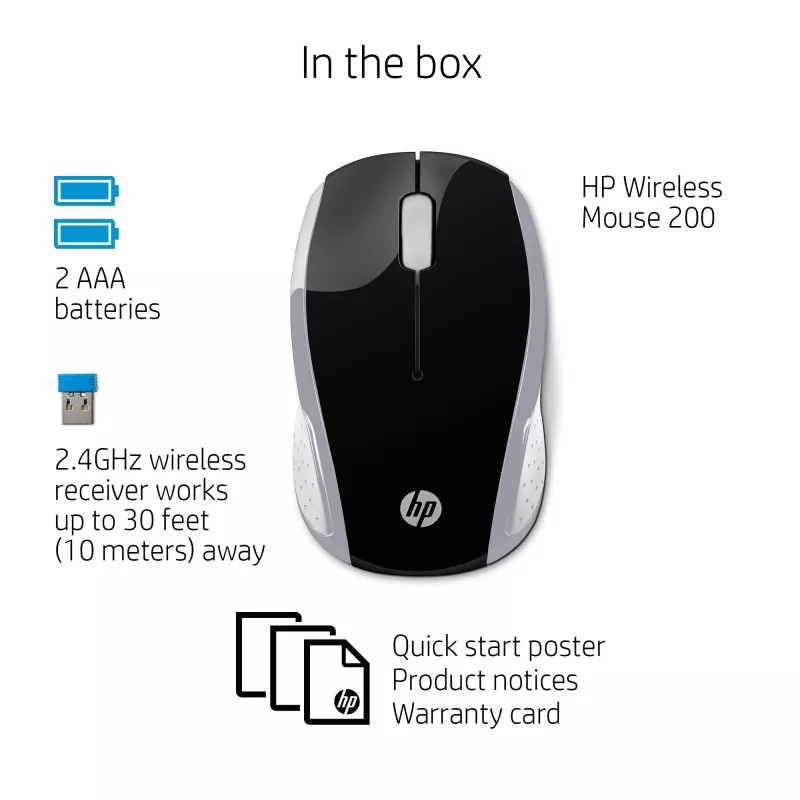 Mouse wireless HP 200 (Pike Silver), ambidestro, ottico, RF Wireless, 1000 DPI, argento