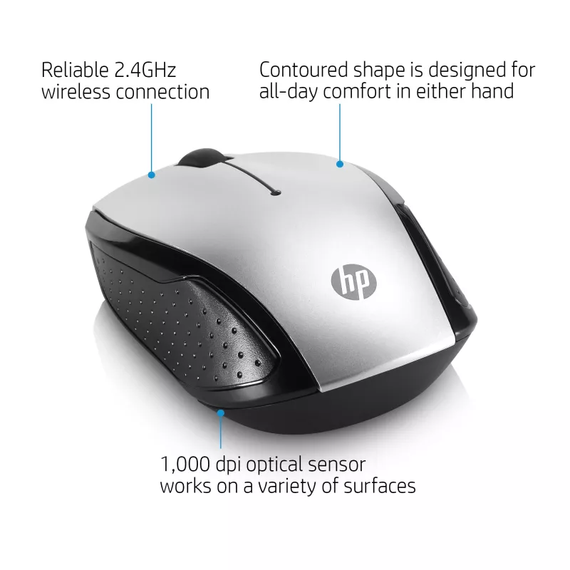 Mouse wireless HP 200 (Pike Silver), ambidestro, ottico, RF Wireless, 1000 DPI, argento