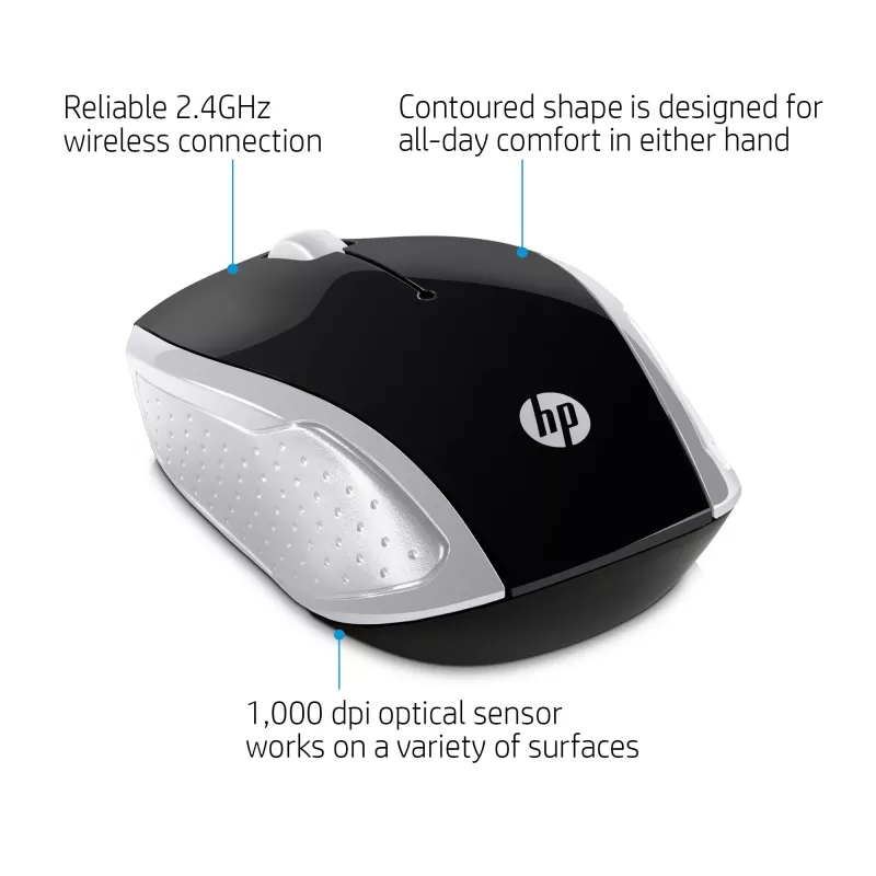 Mouse wireless HP 200 (Pike Silver), ambidestro, ottico, RF Wireless, 1000 DPI, argento