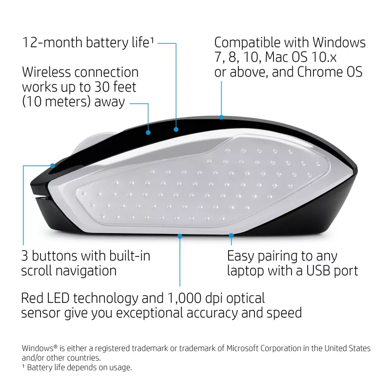 Mouse wireless HP 200 (Pike Silver), ambidestro, ottico, RF Wireless, 1000 DPI, argento