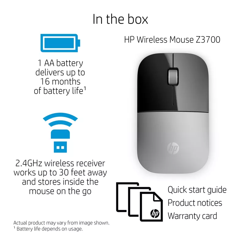 Mouse wireless HP Z3700 argento, ambidestro, ottico, RF Wireless, 1200 DPI, argento