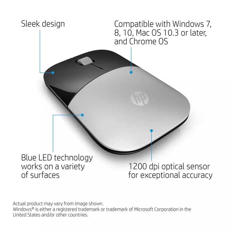 Mouse wireless HP Z3700 argento, ambidestro, ottico, RF Wireless, 1200 DPI, argento