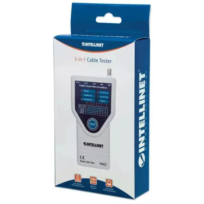 Tester per cavi Intellinet 5-in-1, testa 5 comuni cavi di rete RJ45 e per computer