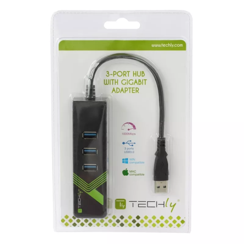 Techly IDATA-USB-ETGIGA-3U2 (105803) adattatore da USB 3.0 a Gigabit Ethernet con hub USB 3.0 a 3 porte, USB-A, RJ45, alluminio