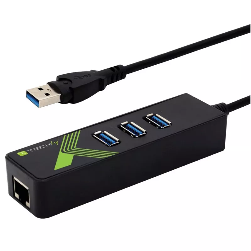 Techly IDATA-USB-ETGIGA-3U2 (105803) adattatore da USB 3.0 a Gigabit Ethernet con hub USB 3.0 a 3 porte, USB-A, RJ45, alluminio