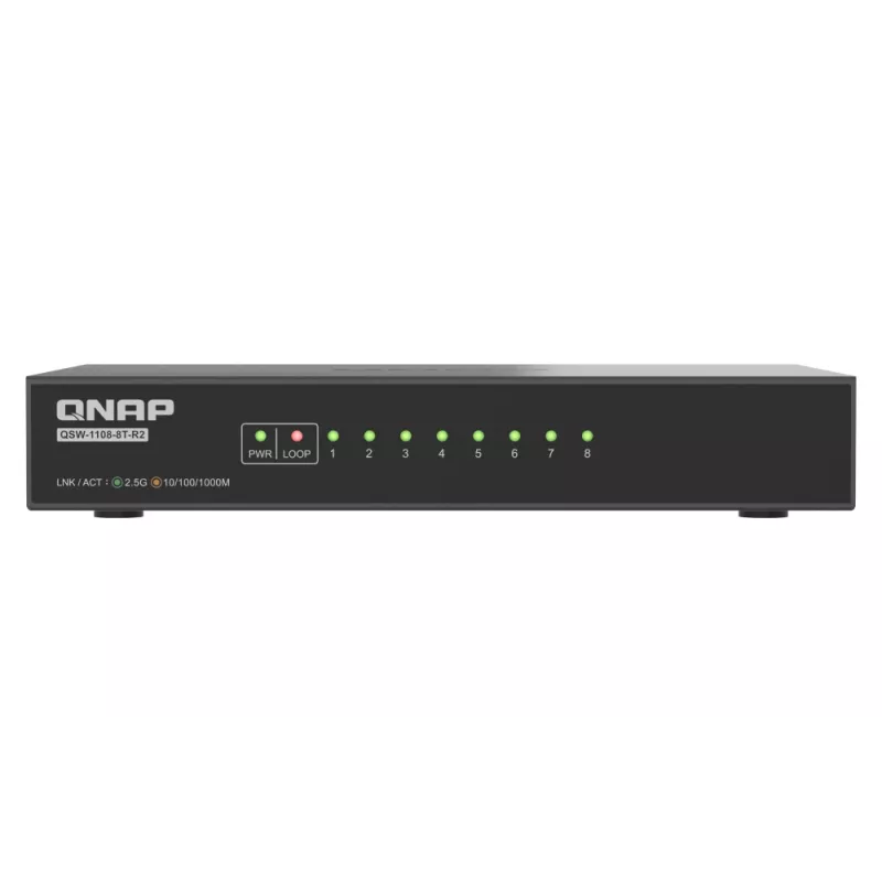 QNAP QSW-1108-8T-R2 switch di rete unmanaged, 8x 2,5GbE RJ45 (10/100/1000/2500 Mbps), da scrivania, senza ventola, nero-grigio