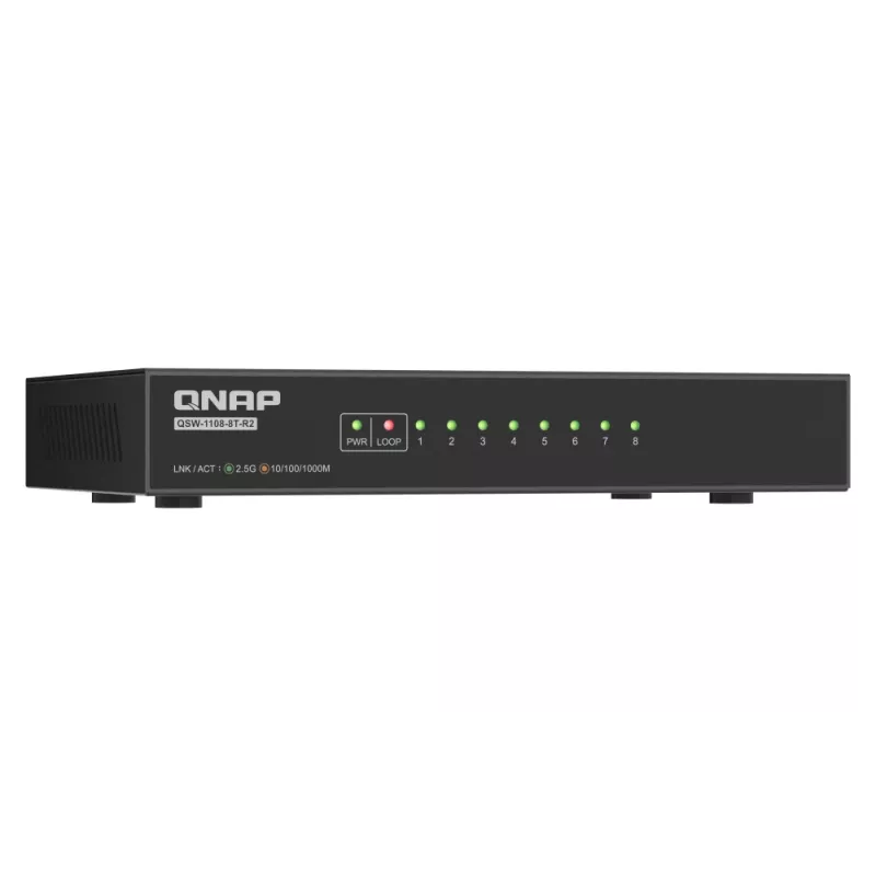 QNAP QSW-1108-8T-R2 switch di rete unmanaged, 8x 2,5GbE RJ45 (10/100/1000/2500 Mbps), da scrivania, senza ventola, nero-grigio