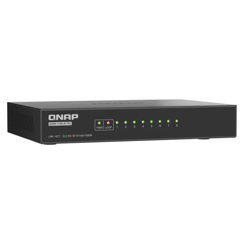 QNAP QSW-1108-8T-R2 switch di rete unmanaged, 8x 2,5GbE RJ45 (10/100/1000/2500 Mbps), da scrivania, senza ventola, nero-grigio
