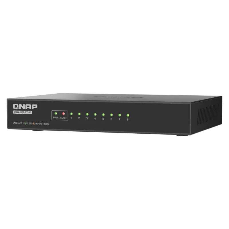 QNAP QSW-1108-8T-R2 switch di rete unmanaged, 8x 2,5GbE RJ45 (10/100/1000/2500 Mbps), da scrivania, senza ventola, nero-grigio
